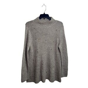Chico’s Tonal Shine Sweater Size 1 Medium Taupe Tan Metallic Sequins Pullover